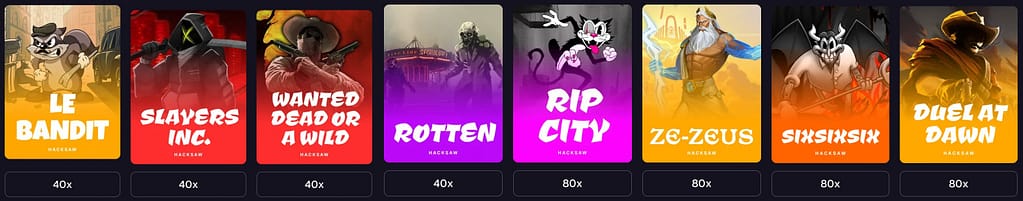 Goated Casino $1,000 Multi Rush promotion showing 8 Hacksaw Gaming slots with multiplier requirements: Le Bandit 40x, Slayers Inc 40x, Wanted Dead or a Wild 40x, Rotten 40x, RIP City 80x, ZC-Zeus 80x, Sixsixsix 80x, and Duel at Dawn 80x