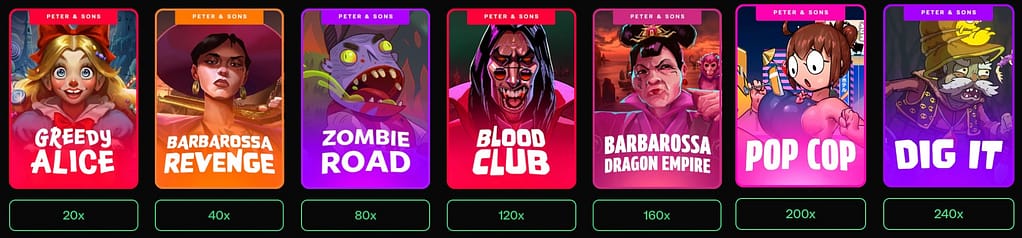 Seven Peter & Sons slot games displayed with multiplier targets ranging from 20x to 240x for Shuffle Casino's $20,000 tournament