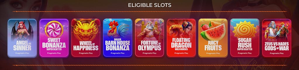 Rollbit Mighty Multiplier tournament eligible Pragmatic Play slots including Sweet Bonanza Super Scatter, Zeus vs Hades, Sugar Rush, and Wheel of Happiness