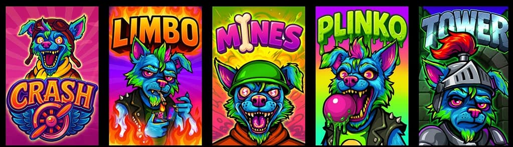 Ebaka Games exclusive casino games at Menace Casino including Crash, Limbo, Mines, Plinko and Tower featuring neon dog mascot