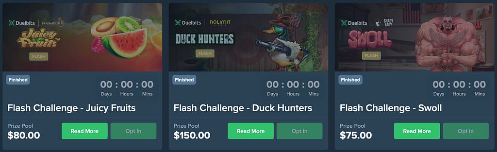 Three finished Duelbits Flash Casino Challenges showing Juicy Fruits by Pragmatic Play for $80, Duck Hunters by Nolimit City for $150, and Swoll by Shady Lady for $75