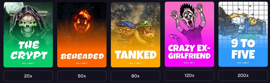 Goated Casino G3 Challenge featuring five No Limit City slots with target multipliers - The Crypt 20x, Beheaded 50x, Tanked 80x, Crazy Ex-Girlfriend 120x, and Nine to Five 200x