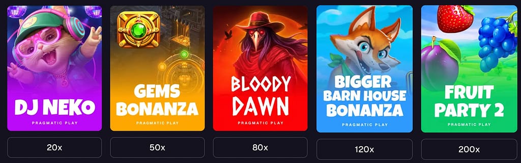 Goated Casino G3 Challenge featuring five Pragmatic Play slots: DJ Neko (20x), Gems Bonanza (50x), Bloody Dawn (80x), Bigger Barn House Bonanza (120x), and Fruit Party 2 (200x)