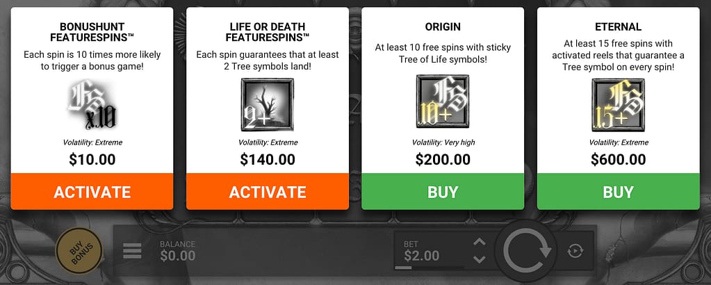 Circle of Life slot feature options after fix showing Bonushunt with 10x bonus trigger odds for $10 bet