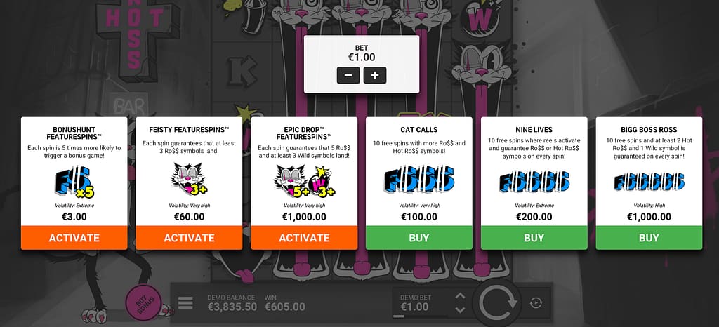 Hot Ross slot bonus buy menu displaying six purchase options including BonusHunt FeatureSpins, Feisty FeatureSpins, Epic Drop FeatureSpins, Cat Calls, Nine Lives, and Bigg Boss Ross bonuses with prices ranging from €3 to €1,000