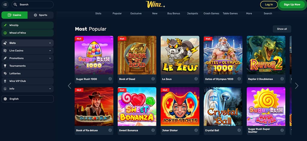 Winz Casino slots game library featuring popular titles like Sugar Rush 1000, Book of Dead, Gates of Olympus, and Book of Ra deluxe