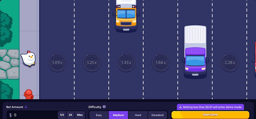 Mission Uncrossable chicken game on Roobet showing chicken at the start of a Medium difficulty road with buses and trucks in the lanes ahead