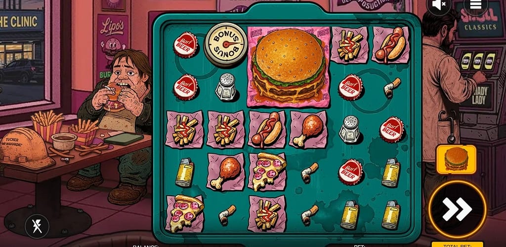 Suck slot Life on a Plate feature with giant 3x3 burger mystery symbol covering the grid, ready to reveal random pay symbols and hot-sauce bottles