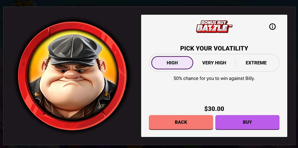 Airstrike slot bonus buy screen showing volatility options (High, Very High, Extreme) with $30 cost and 50% win chance against Billy