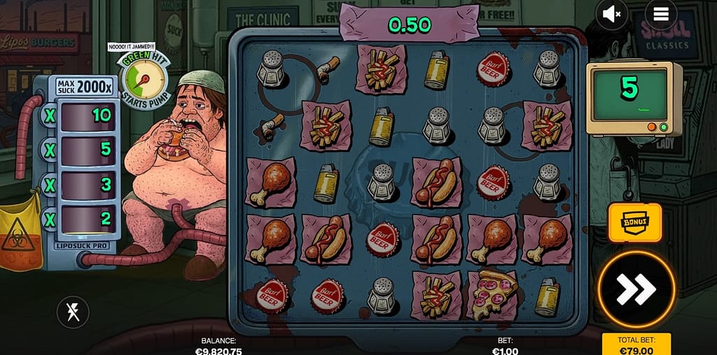 Suck slot free spins bonus showing Tucker shirtless with LipoSuck Pro Pump on left displaying multiplier levels, gauge landed in green activation zone, 5 spins remaining