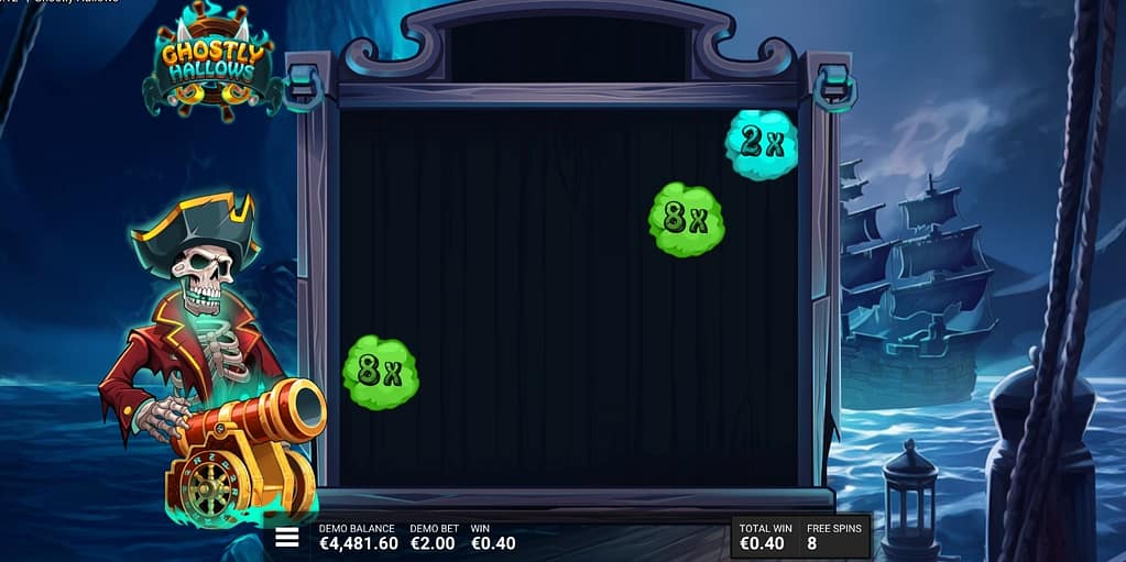 Ghostly Hallows slot showing multiplier clouds behind the grid - 2x and 8x multipliers appearing as ghostly smoke
