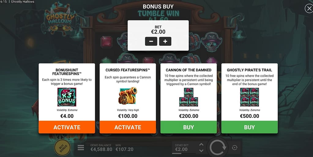 Ghostly Hallows bonus buy menu showing four options - BonusHunt FeatureSpins, Cursed FeatureSpins, Cannon of the Damned, and Ghostly Pirate's Trail with costs from €4 to €500