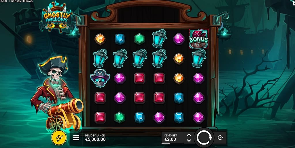 Ghostly Hallows slot base game showing 6x5 grid with gems, lanterns, skulls and bonus scatter symbol, skeleton pirate captain with cannon on the left