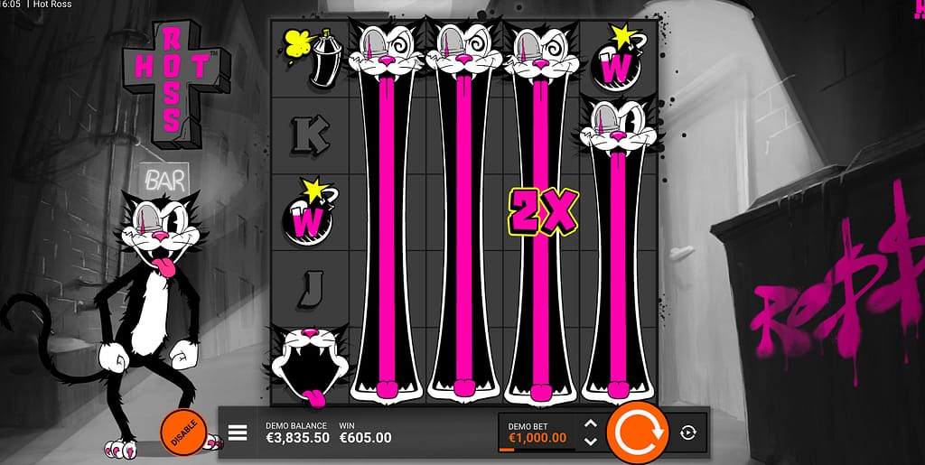 Hot Ross slot gameplay showing three expanded Ross wild symbols covering entire reels with 2x multiplier during winning combination