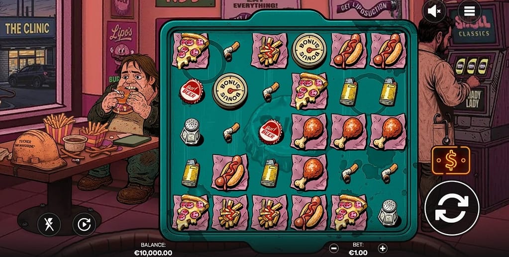 Suck slot base game showing Tucker eating burgers in a restaurant with 6x5 grid displaying junk food symbols including pizza, hot dogs, drumsticks, chips, cigarettes, and beer bottles