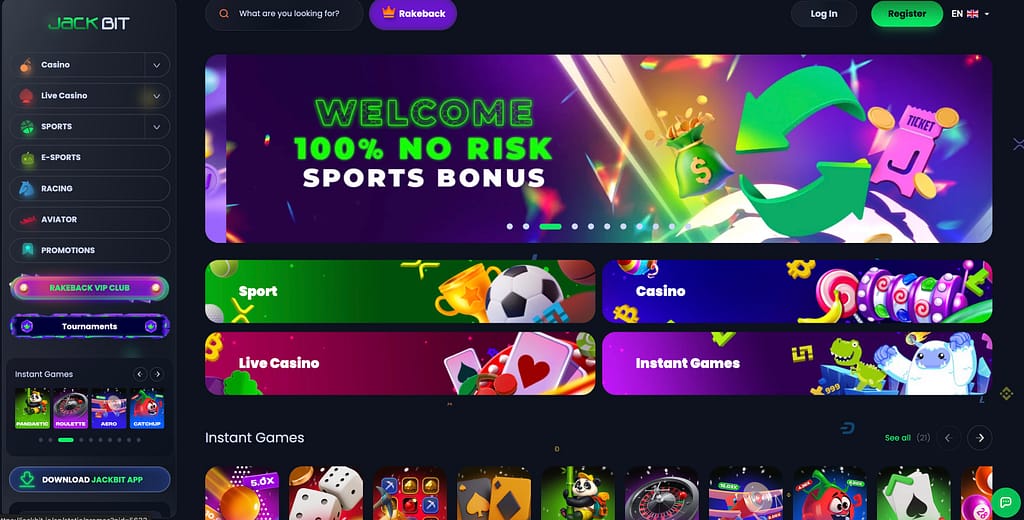 Jackbit Casino homepage showing 100% no risk sports welcome bonus, navigation menu with casino, live casino, sports, and esports sections, and instant games lobby