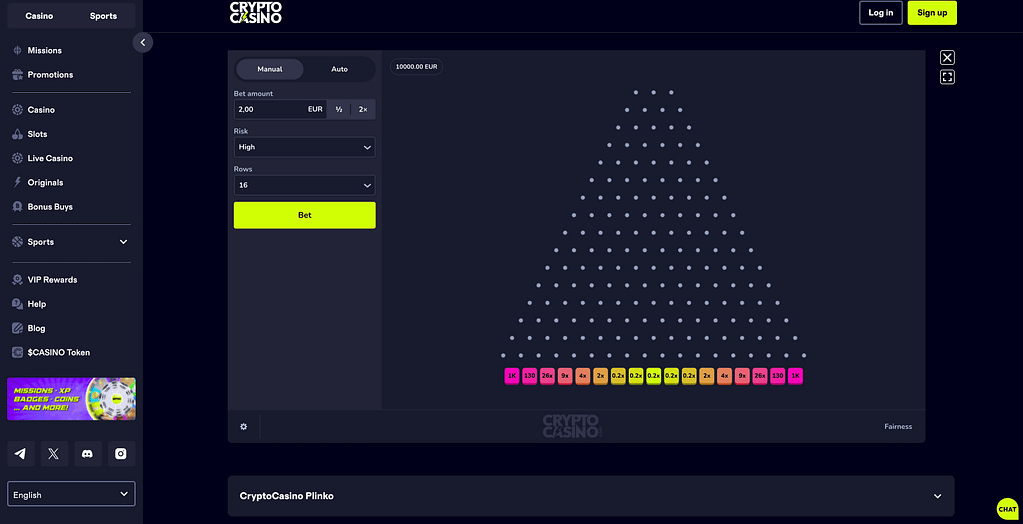 CryptoCasino Plinko game with 16 rows high risk settings and 10000 EUR balance