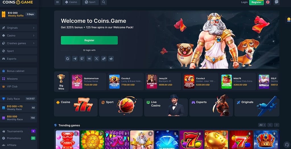Coins.Game Casino homepage showing the welcome bonus offer of 325% plus 125 free spins, big wins section, and game categories