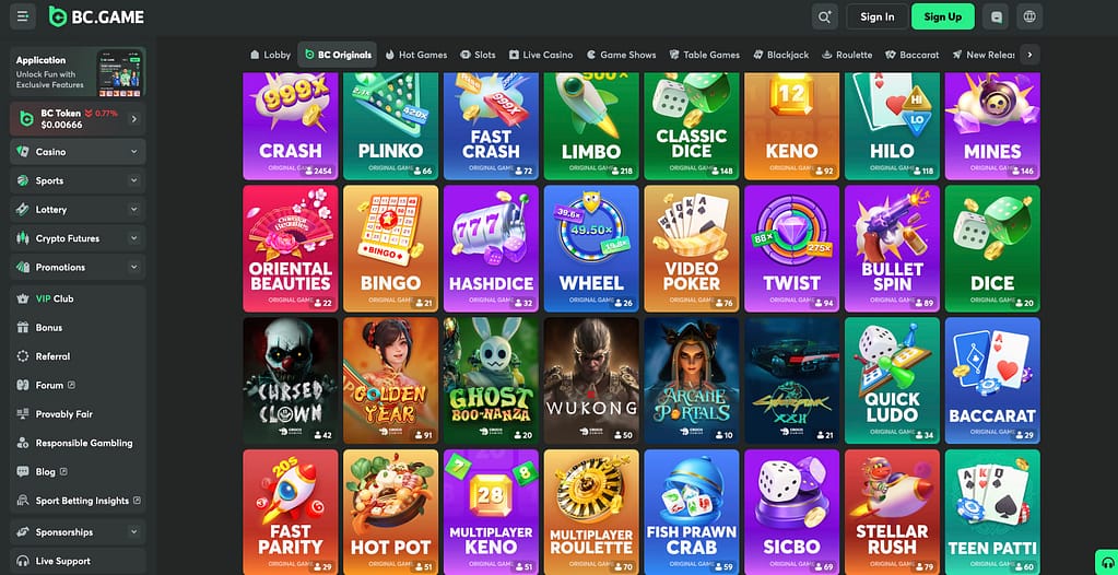 BC.Game Casino lobby showing BC Originals games including Crash, Plinko, Limbo, Classic Dice, Keno, HiLo, and Mines with active player counts displayed