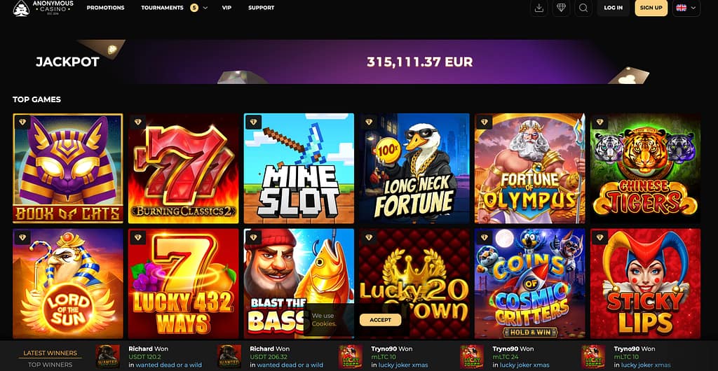 Anonymous Casino homepage showing the jackpot counter and top games lobby including Book of Cats, Mine Slot, and Long Neck Fortune