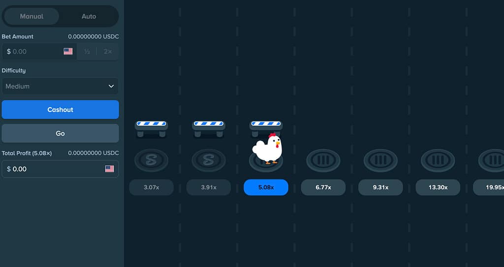 Stake Originals Chicken game on Medium difficulty showing chicken at 5.08x multiplier with Cashout button on Stake Casino