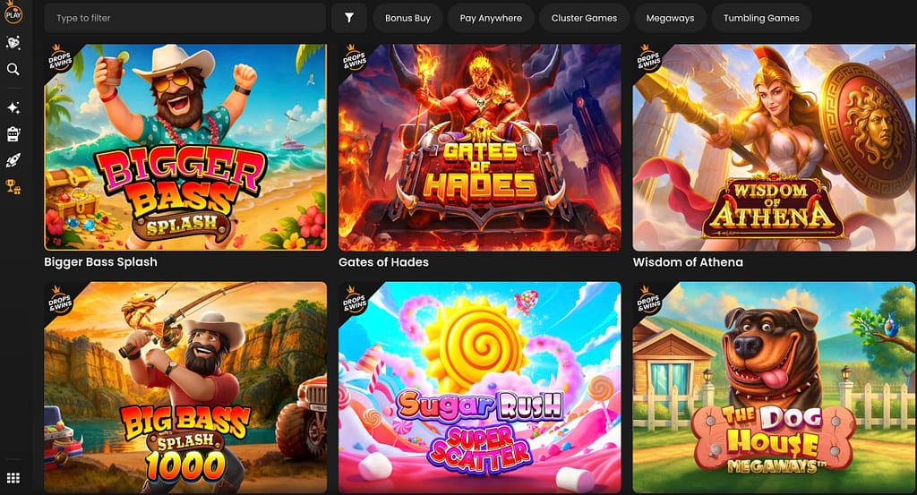 Casino lobby grid showing six Pragmatic Play slots each marked with the Drops & Wins crown badge: Bigger Bass Splash, Gates of Hades, Wisdom of Athena, Big Bass Splash 1000, Sugar Rush Super Scatter, and The Dog House Megaways