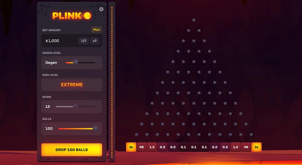 Rollbit Plinko game interface showing $1,000 bet with extreme risk level, 12 rows, and 100 balls ready to drop