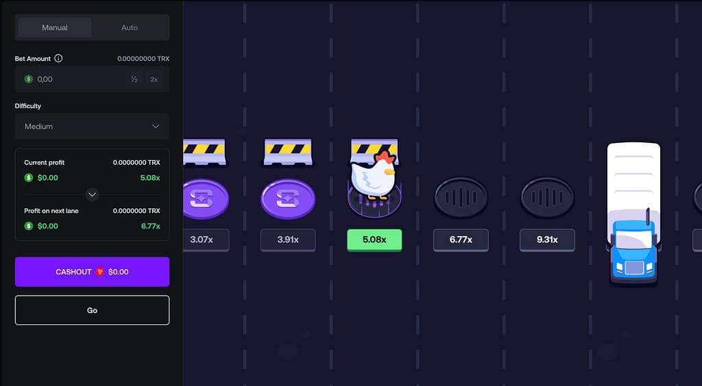 Chicken game on Shuffle Casino showing chicken at 5.08x multiplier on Medium difficulty with a truck approaching on the right
