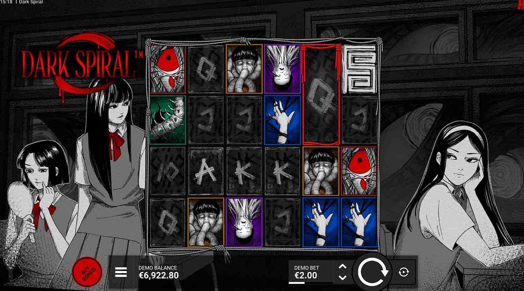 Dark Spiral slot base game showing 6x4 grid with horror-themed symbols including body parts and card ranks, featuring Junji Ito-inspired anime characters on the sides