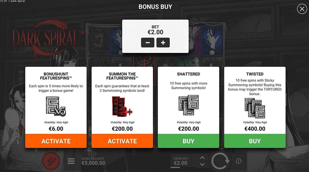 Dark Spiral bonus buy menu showing four options: BonusHunt FeatureSpins at 3x bet, Summon FeatureSpins at 100x, Shattered bonus at 100x, and Twisted bonus at 200x stake