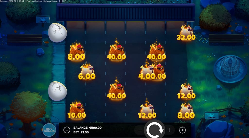 Flaming Chicken Highway Hazard slot by Penguin King showing bonus game with flaming chickens carrying cash prizes across the reels at ETH Casino