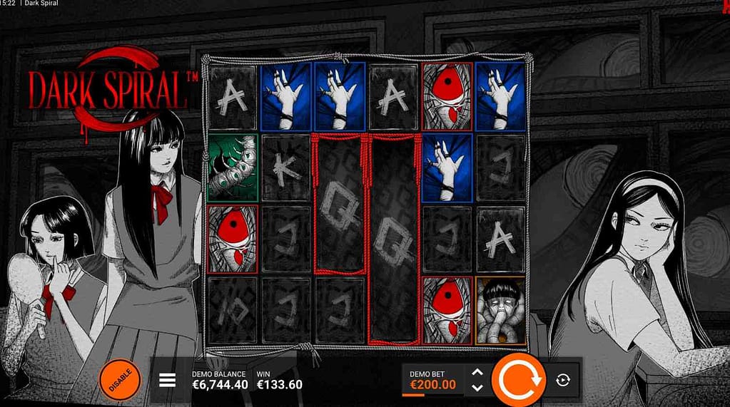 Dark Spiral slot showing Summoning symbols (outlined in red) on the grid revealing stacks of matching symbols during gameplay with a €133.60 win