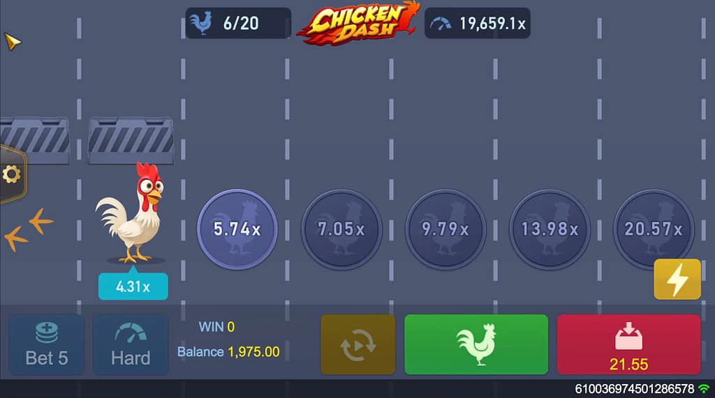 Chicken Dash by Tada Gaming on Hard difficulty showing 4.31x current multiplier at tile 6 of 20 with 19,659.1x maximum multiplier at CryptoCasino.cc