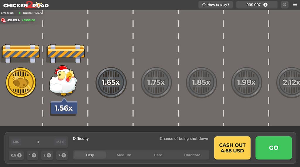 Chicken Road 2 by InOut Games showing chicken at 1.56x multiplier on Easy difficulty with Cash Out button displaying 4.68 USD