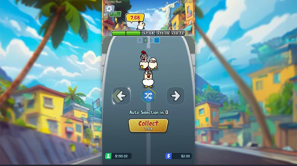 Chicky Run by PG Soft chicken gambling game showing 7.68x multiplier with Collect button at LTC Casino