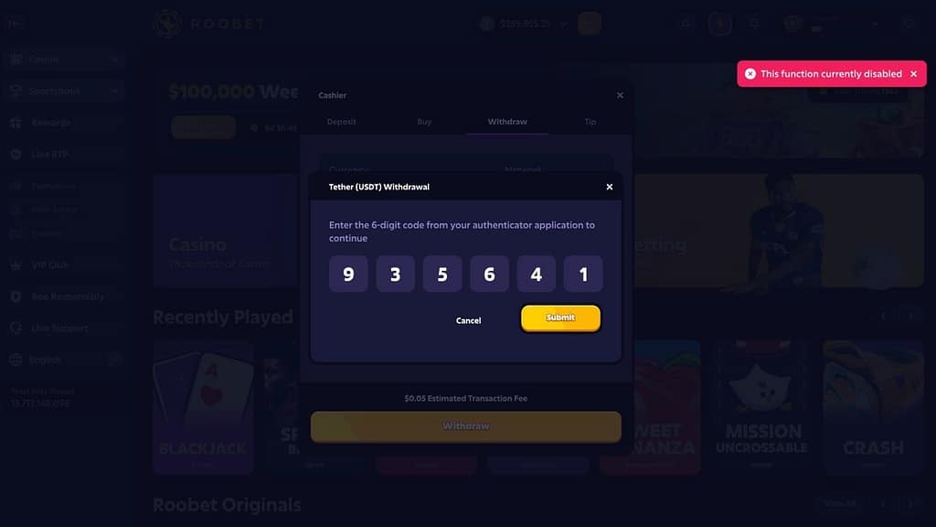 Screenshot of Roobet's cashier showing a USDT withdrawal attempt with a 2FA code entered, while a red "This function currently disabled" error appears in the top right corner. The account balance shows $359,855.23.