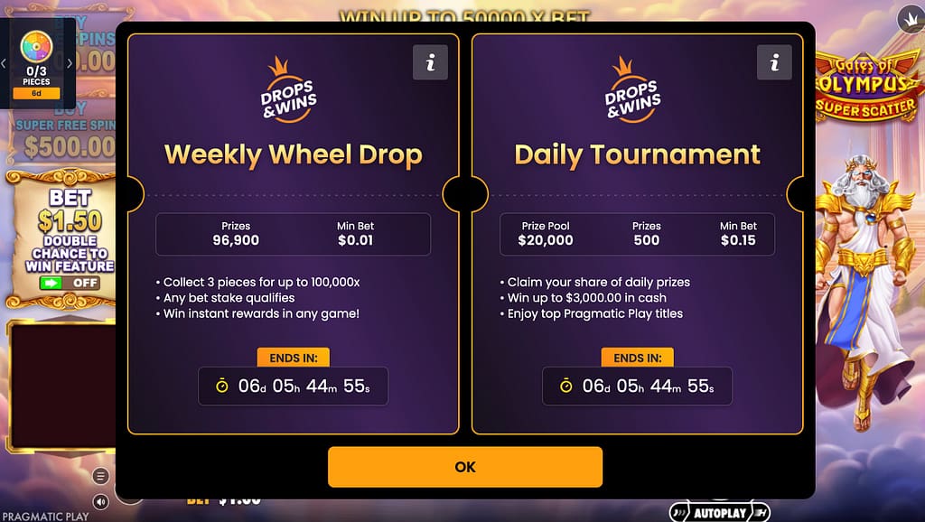 Pragmatic Play Drops & Wins Season 7 in-game promotional pop-up showing two side-by-side panels: Weekly Wheel Drop with 96,900 prizes and $0.01 minimum bet, and Daily Tournament with a $20,000 prize pool, 500 prizes, and $0.15 minimum bet, displayed inside Gates of Olympus Super Scatter