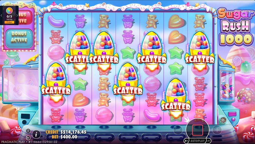Roshtein's Sugar Rush 1000 slot showing 7 scatter symbols on screen with $400 bet and $514,176.45 credit balance