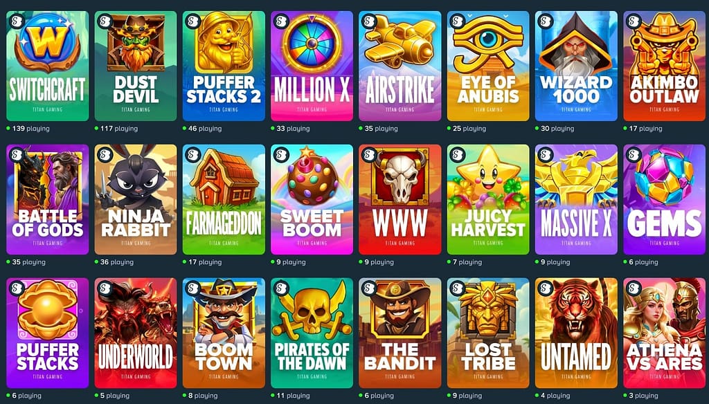 Most played Titan Gaming slots on Stake showing player counts - Switchcraft leads with 139 players, followed by Dust Devil with 117 and Puffer Stacks 2 with 46