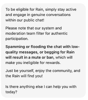 Thrill Casino support response explaining rain eligibility criteria: stay active in public chat with genuine conversations, avoid spamming or begging for rain to remain eligible for rewards