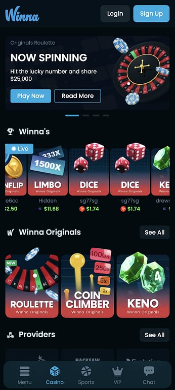 Winna casino mobile homepage showing the Now Spinning roulette promotion and Winna Originals games