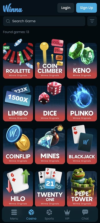 Winna Originals game lobby on mobile showing all 13 in-house games including Roulette, CoinClimber, Keno, Limbo, Dice, Plinko, Coinflip, Mines, Blackjack, HiLo, TwentyOne, and Pepe Tower