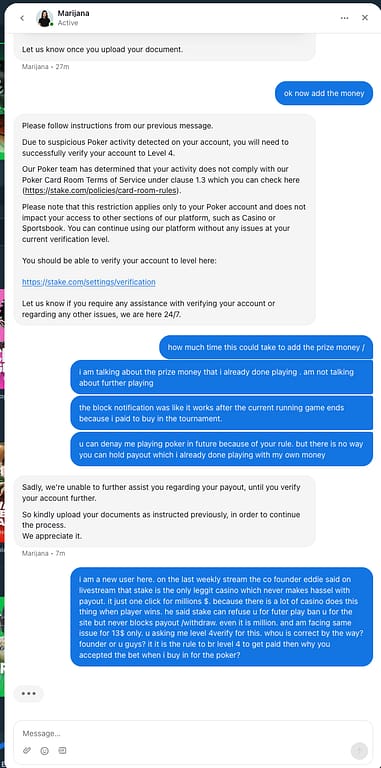 Screenshot of Stake support chat showing Level 4 verification requirement for $13 poker tournament prize after player ban