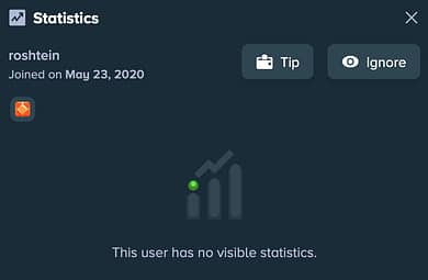Roshtein's Stake profile statistics page showing "This user has no visible statistics" message with Plutonium tier badge