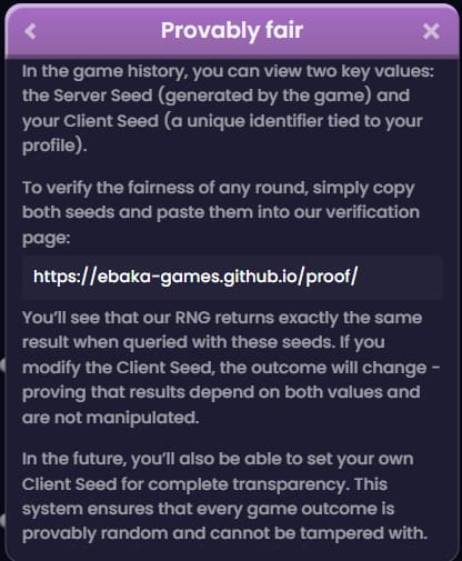 Ebaka Games provably fair system explanation showing server seed and client seed verification process with missing pre-commitment hash