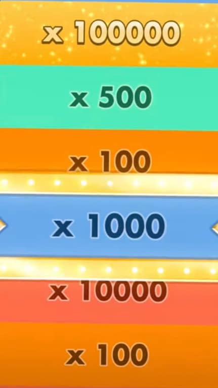 Close-up of the Pragmatic Play Drops & Wins prize wheel showing visible multiplier segments including x100,000, x500, x100, x1,000, x10,000, and x100, each displayed in different colours on the spinning wheel
