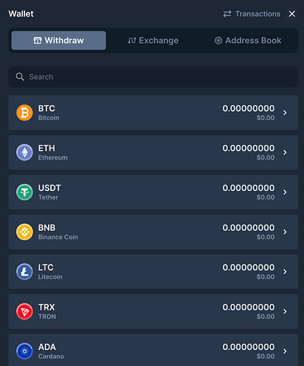 Coins.Game Casino wallet interface showing cryptocurrency options including Bitcoin, Ethereum, Tether, Binance Coin, Litecoin, Tron, and Cardano with withdraw and exchange features
