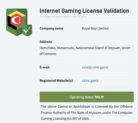 Coins.Game Casino license validation certificate showing Royal Way Limited operating under Anjouan jurisdiction with valid status