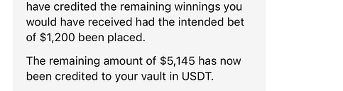 Stake casino support message confirming $5,145 credit to player vault after Jelly Fever payout error