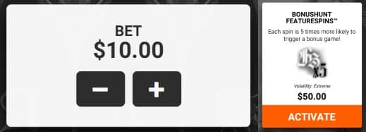 Hacksaw Gaming Circle of Life slot feature spins interface showing $10 bet with $50 bonushunt cost